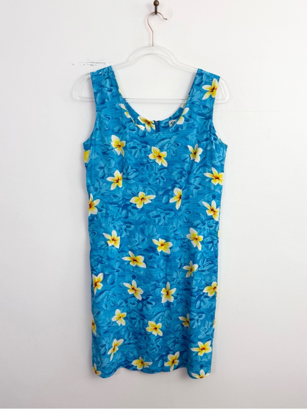 Vintage Jams World Plumeria Dress Blue Hawaiian Floral Rayon Shift Size Large